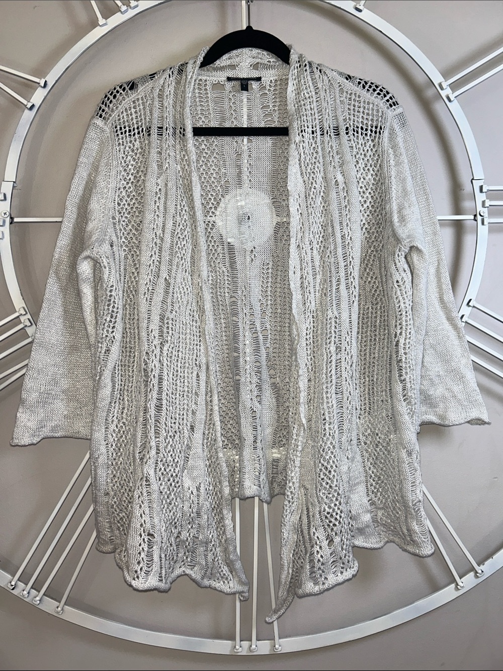 Eileen Fisher Open-Weave 3/4 Sleeve Draped Cardigan in Off White